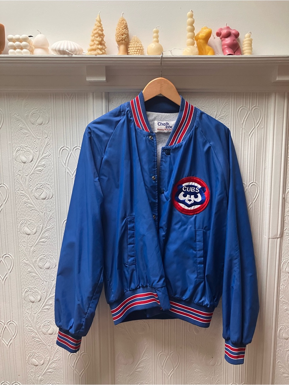 Vintage MLB Chicago Cubs Royal Blue Satin Bomber Jacket with Red & White Trim
